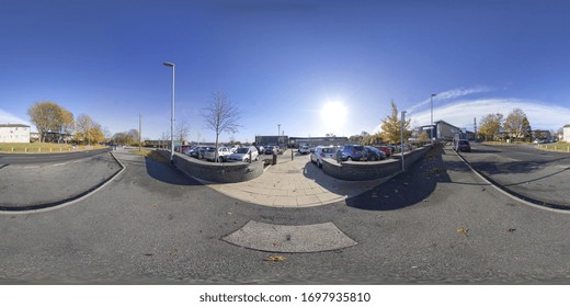 Leeds UK, 19th Nov 2018: 360 Degree Panoramic Sphere Photo Of The Holt Park Leisure Centre In The Town Of Leeds West Yorkshire UK Showing The Parking Lot And Entrance Of The Main Building