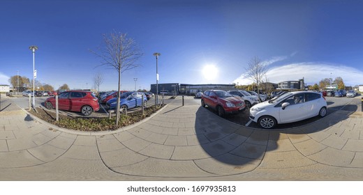 Leeds UK, 19th Nov 2018: 360 Degree Panoramic Sphere Photo Of The Holt Park Leisure Centre In The Town Of Leeds West Yorkshire UK Showing The Parking Lot And Entrance Of The Main Building