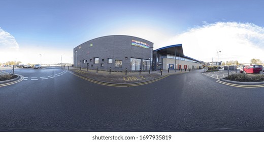 Leeds UK, 19th Nov 2018: 360 Degree Panoramic Sphere Photo Of The Holt Park Leisure Centre In The Town Of Leeds West Yorkshire UK Showing The Parking Lot And Entrance Of The Main Building