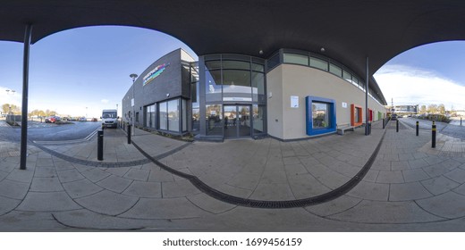 Leeds UK, 19th Nov 2018: 360 Degree Panoramic Sphere Photo Of The Holt Park Leisure Centre In The Town Of Leeds West Yorkshire UK Showing The Parking Lot And Entrance Of The Main Building