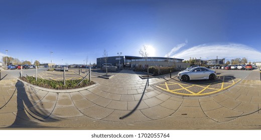 Leeds UK, 19th Nov 2018: 360 Degree Panoramic Sphere Photo Of The Holt Park Leisure Centre In The Town Of Leeds West Yorkshire UK Showing The Parking Lot And Entrance Of The Main Building