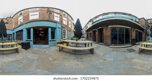 Leeds UK, 1st July 2018: 360 Degree Panoramic Sphere Photo Taken At The  Bar Fibre Bar Located In The Leeds City Centre West Yorkshire In The UK Showing The Smoking Area And Court Yard Of Night  Club