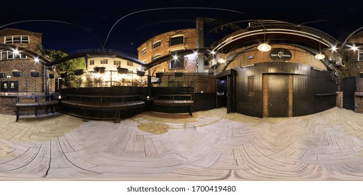 Leeds UK, 20th June 2018: 360 Degree Panoramic Sphere Photo Taken Of A Night Club Know As The Backrooms Located In. The Leeds Town Centre Showing The Smoking Area Of The Night Club