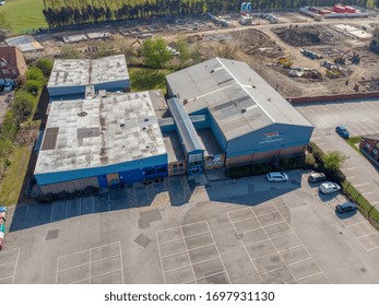 Leeds UK, 23rd April 2019: Aerial Photo Of The Garforth Sports Leisure Centre In The Town Of Leeds West Yorkshire UK, Showing A Top Down View Of The Building And Car Park Parking Lot.