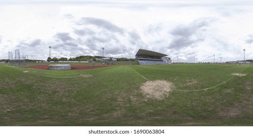 Leeds UK, 23rd Aug 2018: 360 Degree Panoramic Sphere Image Taken At The John Charles Centre For Sport A Sports Facility In South Leeds, West Yorkshire, England Taken In The Middle Of The Rugby Pitch.