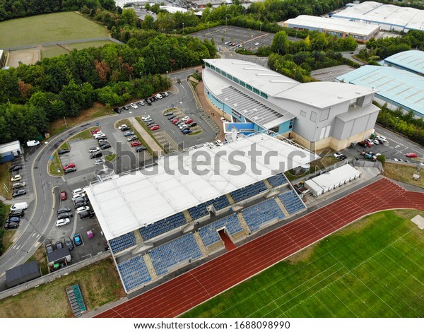 Leeds UK, 23rd Aug 2018: Aerial\
photo of The John Charles Centre for Sport a sports facility in the\
village of Beeston in South Leeds, West Yorkshire,\
England