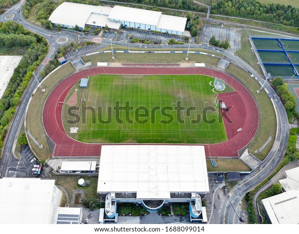 Leeds UK, 23rd Aug 2018: Aerial\
photo of The John Charles Centre for Sport a sports facility in the\
village of Beeston in South Leeds, West Yorkshire,\
England