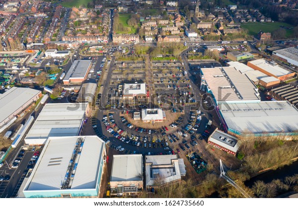 Leeds UK, 23rd Jan\
2020: Aerial photo of the restaurants and public houses. in the\
centre know as Cardigan Fields in the Kirkstall area of Leeds in\
West Yorkshire in the UK