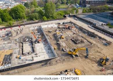 Leeds UK, 26th April 2020: Aerial Photo Of Construction Work Being Done In The Leeds Town Centre At The Quarry Hill Car Park Showing Diggers And Tractors On The Building Site