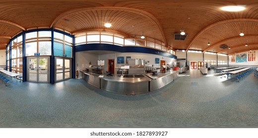 Leeds  UK, 27th July 2020: 360 Degree Panoramic Sphere Photo Of The School In Leeds West Yorkshire Showing The School Cafeteria Kitchen