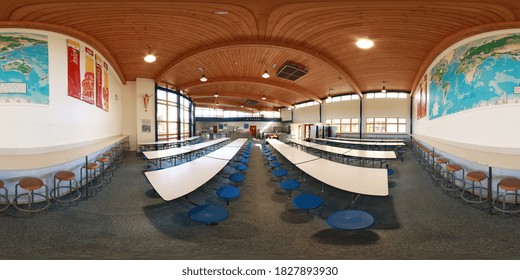 Leeds  UK, 27th July 2020: 360 Degree Panoramic Sphere Photo Of The School In Leeds West Yorkshire Showing The School Cafeteria Kitchen