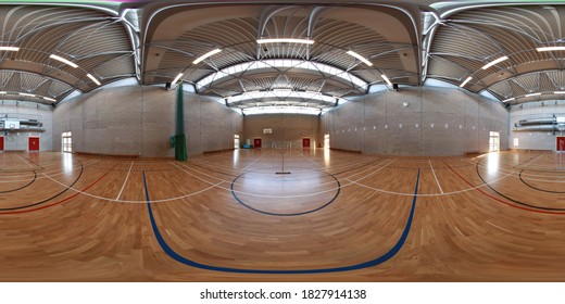 Leeds  UK, 27th July 2020: 360 degree panoramic sphere photo of the School in Leeds West Yorkshire showing the sports hall and gym area and wooden flooring