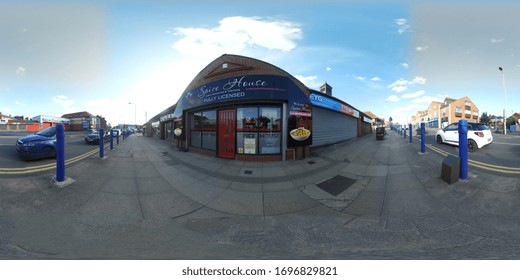 Leeds UK, 29th July 2018: 360 Degree Panoramic Sphere Photo Of The Masala Hut Indian Restaurant Located In The Town Of Halton In Leeds West Yorkshire, Showing The Outside And Street.