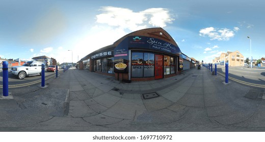 Leeds UK, 29th July 2018: 360 Degree Panoramic Sphere Photo Of The Masala Hut Indian Restaurant Located In The Town Of Halton In Leeds West Yorkshire, Showing The Outside And Street.