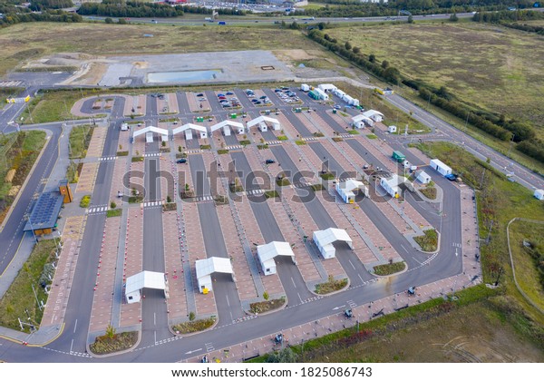 Leeds UK, 29th Sep 2020: Aerial photo of the
Covid-19 drive-through testing site in Leeds West Yorkshire showing
the car park testing facilities,
