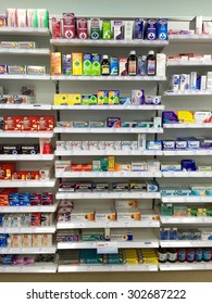 LEEDS, UK - 3 AUGUST  2015. Shelves Of Medicine At Boots The Chemist In St James's Hospital.  Pharmacy Shop Interior