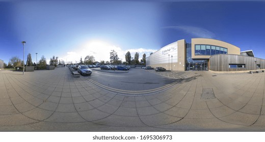 Leeds UK, 3rd Nov 2018: 360 Degree Panoramic Sphere Photo Of The Morley Leisure Centre In The Town Of Leeds West Yorkshire UK, Showing The Entrance And Car Park