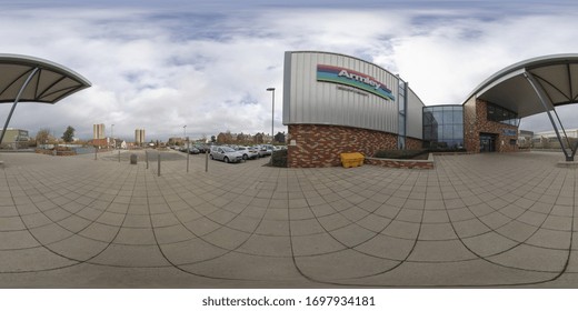 Leeds UK, 6th April 2018: 360 Degree Panoramic Sphere Photo Of The Armley Leisure Centre In The Town Of Leeds West Yorkshire UK, Showing Outside The Entrance And Parking Lot