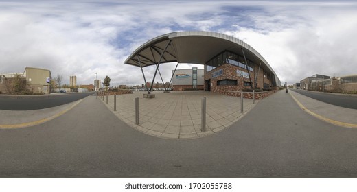 Leeds UK, 6th April 2018: 360 Degree Panoramic Sphere Photo Of The Armley Leisure Centre In The Town Of Leeds West Yorkshire UK, Showing Outside The Entrance And Parking Lot