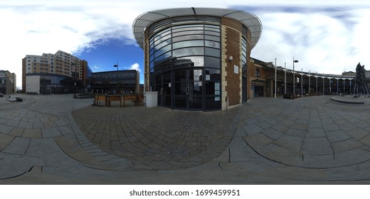 Leeds UK, 6th Aug 2018: 360 Degree Panoramic Sphere Photo Taken Of The Oracle Bar And Night Club, Located In The Leeds Town Centre In West Yorkshire UK Showing The Outside And Smoking Seating Area.