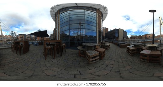 Leeds UK, 6th Aug 2018: 360 Degree Panoramic Sphere Photo Taken Of The Oracle Bar And Night Club, Located In The Leeds Town Centre In West Yorkshire UK Showing The Outside And Smoking Seating Area.