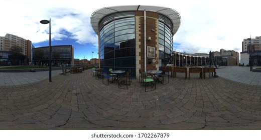 Leeds UK, 6th Aug 2018: 360 Degree Panoramic Sphere Photo Taken Of The Oracle Bar And Night Club, Located In The Leeds Town Centre In West Yorkshire UK Showing The Outside And Smoking Seating Area.