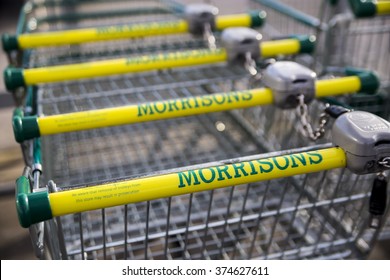 LEEDS, UK -?? 9 FEBRUARY 2016.  Morrisons Supermarket Trolley Showing Logo Outside Supermarket In Leeds, UK.