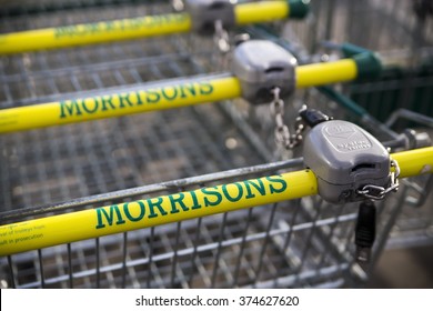 LEEDS, UK - 9 FEBRUARY 2016.  Morrisons Supermarket Trolley Showing Logo Outside Supermarket In Leeds, UK.