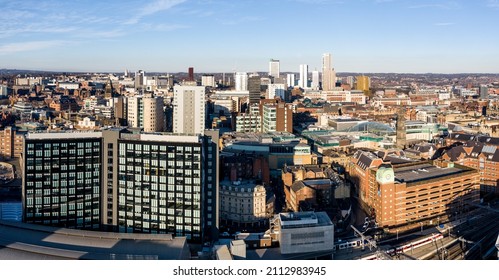 LEEDS, UK - JANUARY 14, 2022.  An aerial view of Leeds city centre cityscape skyline