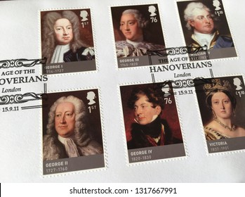 Leeds, United Kingdom February 17th 2019. Great Britain Stamps Kings And Queens House Of Hanover First Day Cover. Editorial Image.