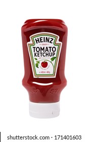 LEEDS, UNITED KINGDOM - July 5th, 2011: Heinz tomato ketchup sauce in plastic squeezable bottle. Studio shot on white