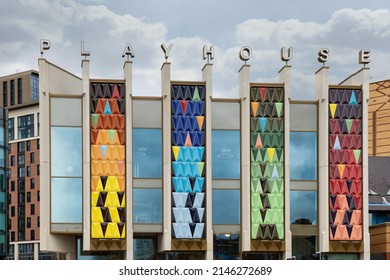 Leeds, United Kingdom - March 2022 : Colourful Facade Of The New West Yorkshire Playhouse Theatre Building Against A Cloudy Sky