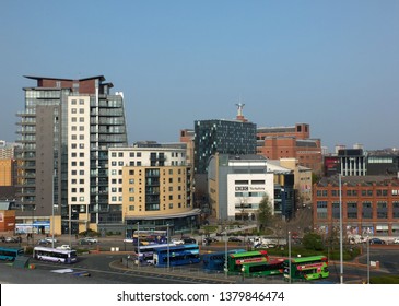 Leeds, West Yorkshire, England: 17 April 2019: An Aerial Cityscape View Of The Quarry Hill Creative Quarter Area Of Leeds With The Bbc Headquarters And Northern Ballet Building