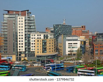 Leeds, West Yorkshire, England: 17 April 2019: An Aerial Cityscape View Of The Quarry Hill Creative Quarter Area Of Leeds With The Bbc Headquarters And Northern Ballet Building