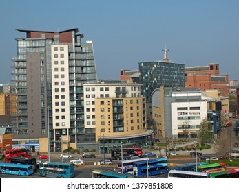 Leeds, West Yorkshire, England: 17 April 2019: An Aerial Cityscape View Of The Quarry Hill Creative Quarter Area Of Leeds With The Bbc Headquarters And Northern Ballet Building