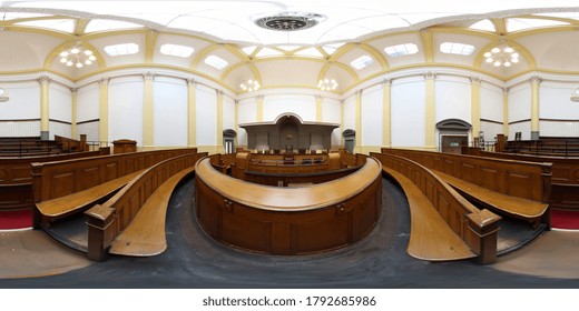 Leeds, West Yorkshire UK, 9th Aug 2020: 360 Degree Panoramic Sphere Photo Showing The Interior Of The Historic Leeds Town Hall Showing The Old Courtroom And Judges Chair