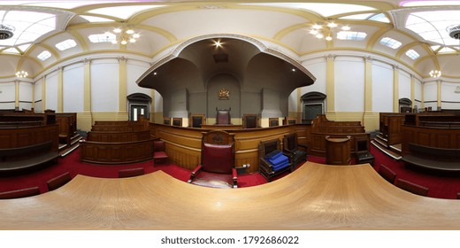 Leeds, West Yorkshire UK, 9th Aug 2020: 360 Degree Panoramic Sphere Photo Showing The Interior Of The Historic Leeds Town Hall Showing The Old Courtroom And Judges Seat