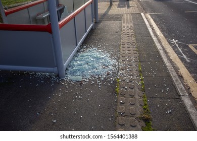 Leeds, West Yorkshire/UK - 11.18.2019: Bus Shelter Glass Broken Shattered Smashed Cracked Damage Anti Social Behaviour