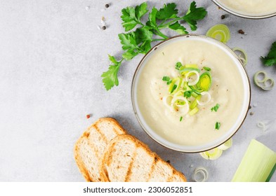 Leek Soup, Comfort Meal, Potato and Leek Creamy Soup, Vegetarian Food on Bright Grey Background