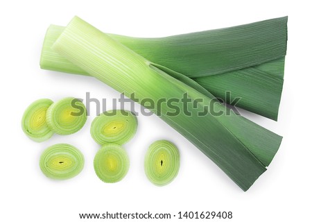 Leek vegetable closeup isolated on white background. Top view. Flat lay