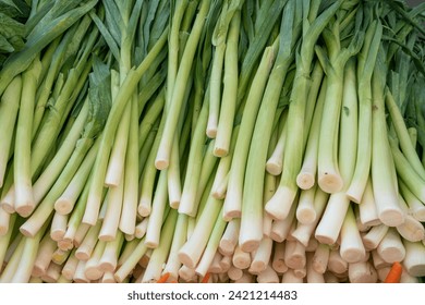 Leeks arranged in large piles on the display at the farmer's market. Green leafy leek. A pattern of green stems.  - Powered by Shutterstock