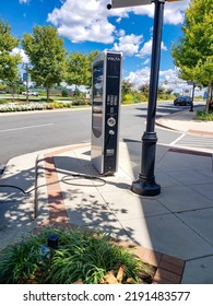 Leesburg. Virginia. USA. August 12 2022. Electric Car Charging Point Location. Car Charger Power Plug Wit