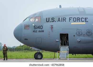 Leeuwarden, Friesland/Netherlands - January 11-06-2016 - Photo U.S. AIR FORCE 452AMW At Open Day From The Royal Netherlands Air Force. Dutch Soldier Is Observing People Around The Aircraft.