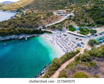 Lefkada Island Beach Overhead View People On Sun Loungers Greece Vacation