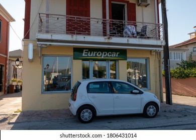 Lefkada town, Lefkada, Greece- 08.22.2020: a branch of Europcar in the capital, one of many car rentals company catering for tourists.