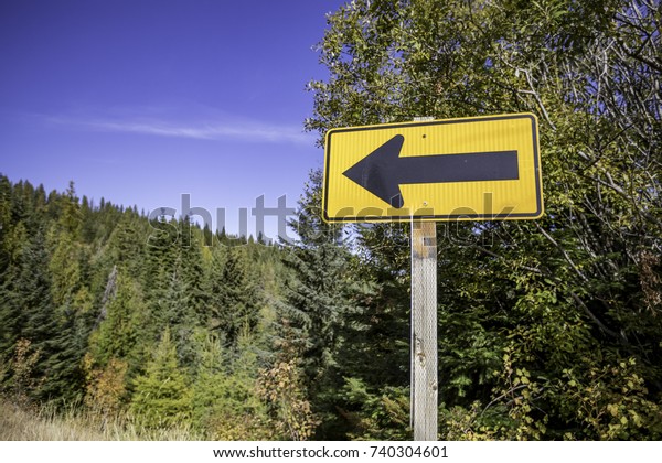 Left arrow\
sign in front of trees and a blue\
sky