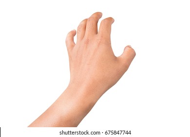 Left Back Hand Of A Man Trying To Reach Or Grab Something. Fling, Touch Sign. Reaching Out To The Left. Isolated On White Background