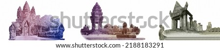 (Left) Banteay Srei temple; Sculpture of naga serpent; Victory Gate at Angkor Thom. (center) Independence Monument of Phnom Penh. (Right) Prasat Preah Vihear ruins in Khmer, on Cambodia Banknotes.