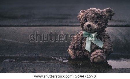 Left behind wet teddy bear on side of road