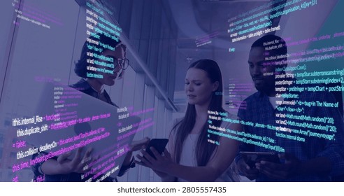 Left dev leaning in showing laptop team sharing screens and debugging while code overlay scrolling. Collaboration, teamwork, productivity, software, devices, office, modern